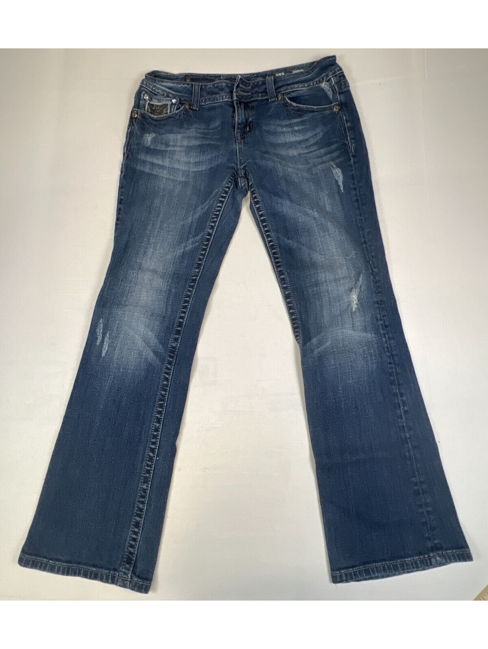 Miss Me Womens Size 31 Easy Bootcut Jeans Blue Bling Embellished Stretch Denim